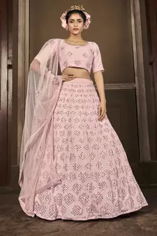 PINK SEQUINS EMBROIDERED GEORGETTE SEMI STITCHED BRIDAL LEHENGA