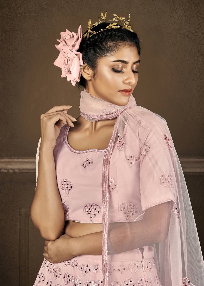 PINK SEQUINS EMBROIDERED GEORGETTE SEMI STITCHED BRIDAL LEHENGA
