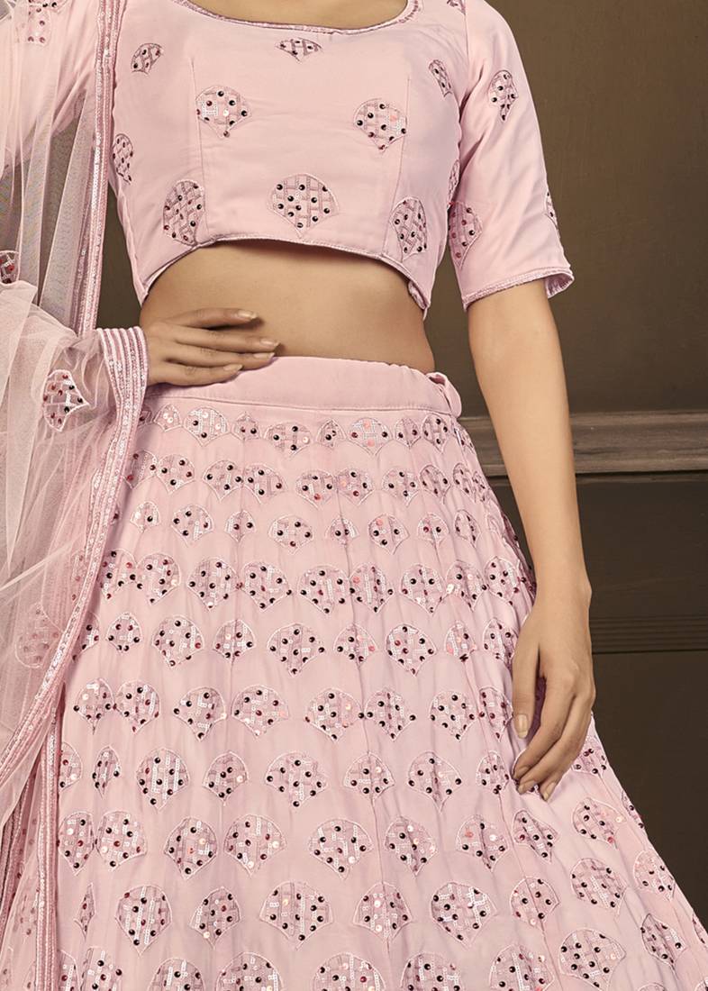 PINK SEQUINS EMBROIDERED GEORGETTE SEMI STITCHED BRIDAL LEHENGA