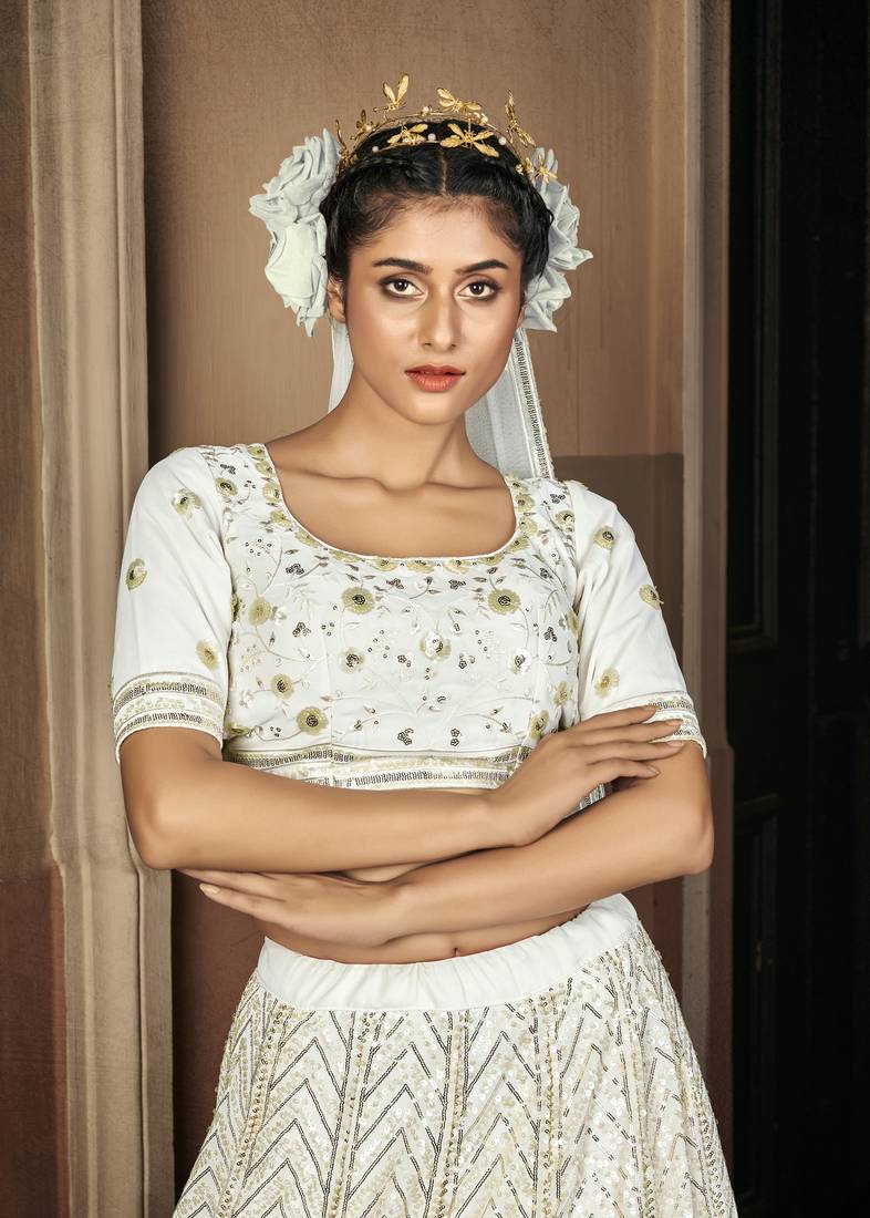 PEARL-WHITE SEQUINS EMBROIDERED GEORGETTE SEMI STITCHED BRIDAL LEHENGA