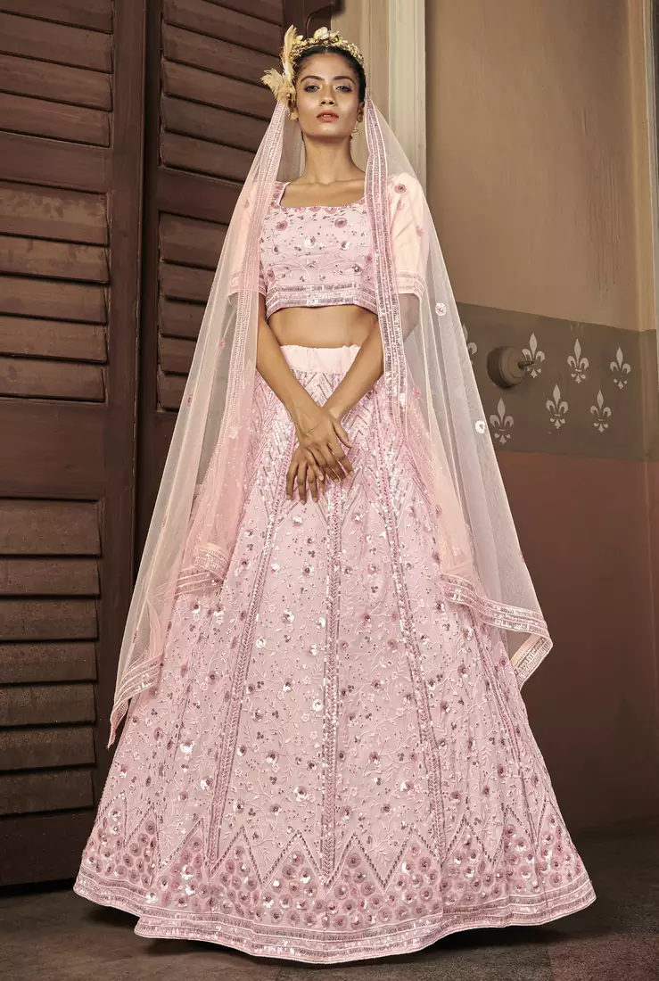 PINK SEQUINS EMBROIDERED GEORGETTE SEMI STITCHED BRIDAL LEHENGA