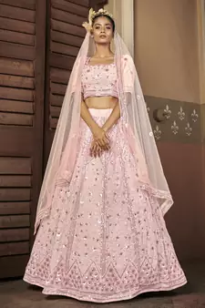 PINK SEQUINS EMBROIDERED GEORGETTE SEMI STITCHED BRIDAL LEHENGA