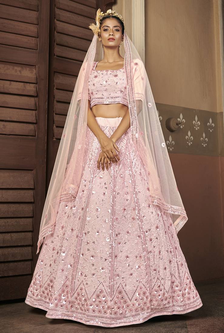 PINK SEQUINS EMBROIDERED GEORGETTE SEMI STITCHED BRIDAL LEHENGA
