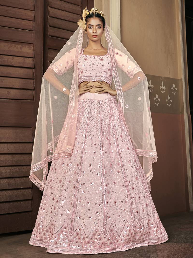 PINK SEQUINS EMBROIDERED GEORGETTE SEMI STITCHED BRIDAL LEHENGA
