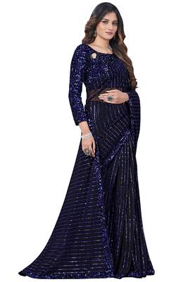 Blue embroidered net saree with blouse 1