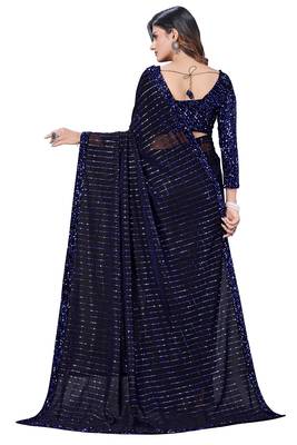 Blue embroidered net saree with blouse 4