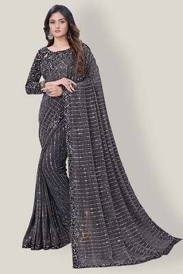 Grey embroidered net saree with blouse 1