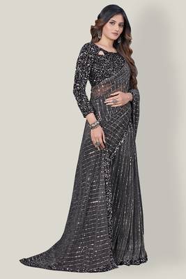 Grey embroidered net saree with blouse 2