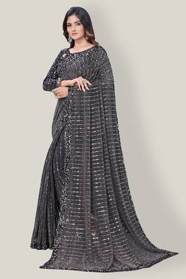 Grey embroidered net saree with blouse 3