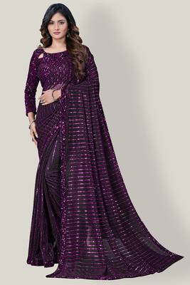 Purple embroidered net saree with blouse 1