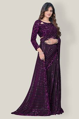 Purple embroidered net saree with blouse 2
