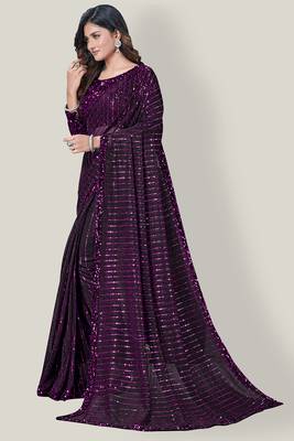 Purple embroidered net saree with blouse 3