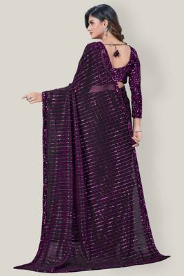 Purple embroidered net saree with blouse 4