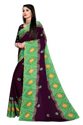 Purple printed chiffon saree with blouse 2