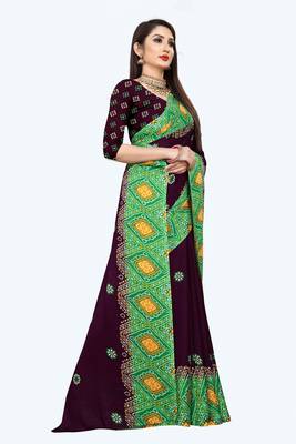 Purple printed chiffon saree with blouse 3