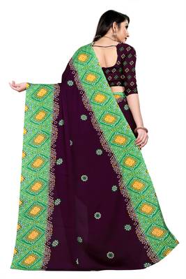 Purple printed chiffon saree with blouse 4