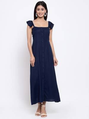 Blue plain cotton long-dresses 1