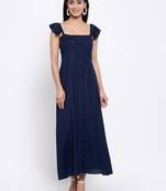 Blue plain cotton long-dresses