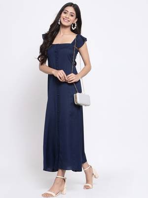 Blue plain cotton long-dresses 2