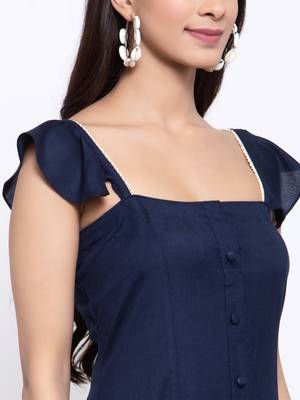 Blue plain cotton long-dresses 4