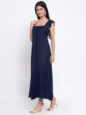 Blue plain cotton long-dresses 5