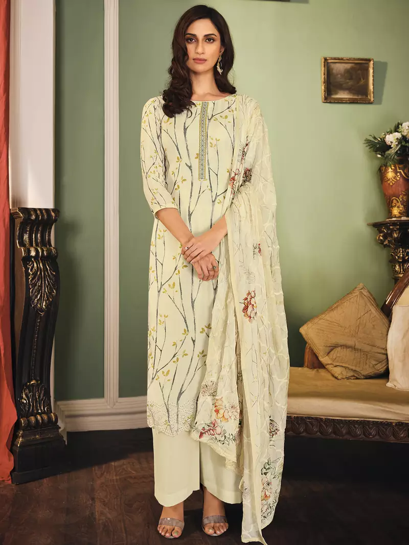 Cream embroidered pure silk salwar