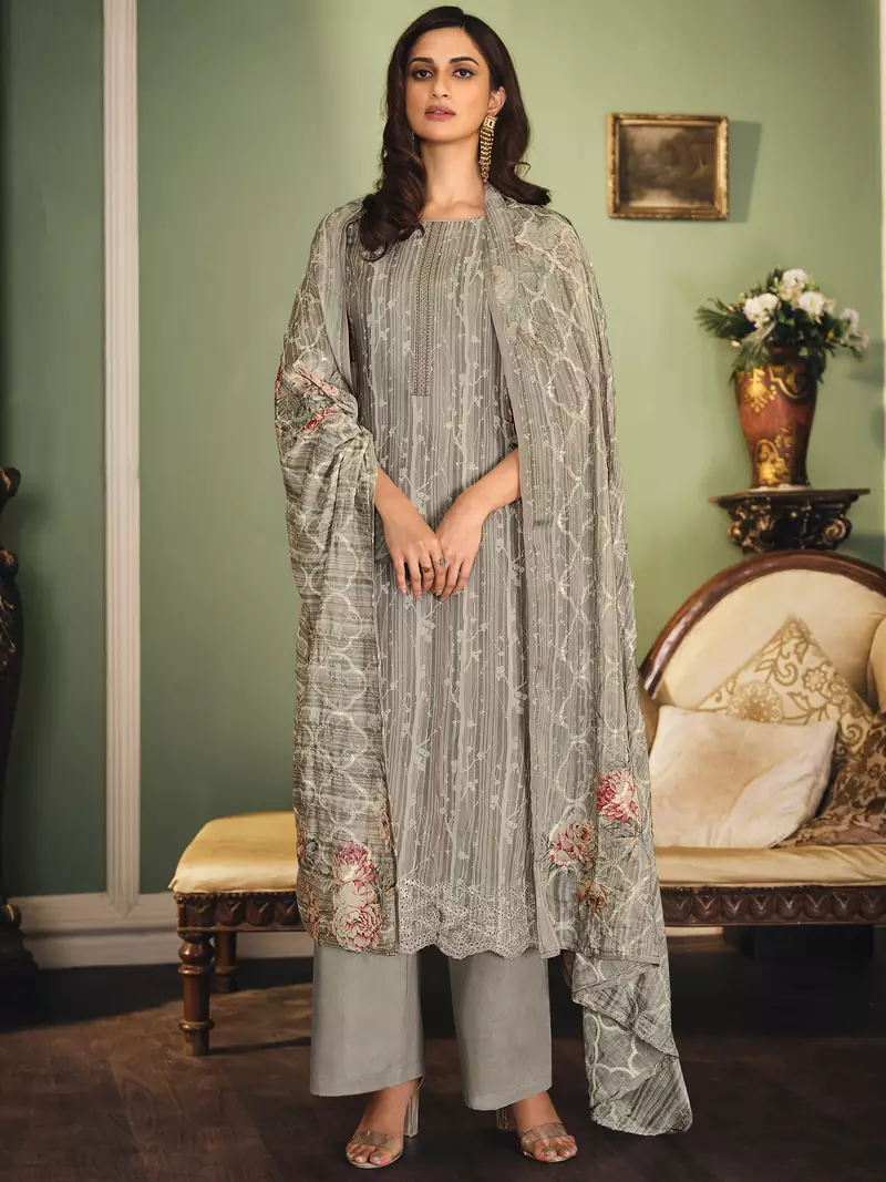 Grey embroidered pure silk salwar