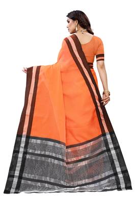 Orange woven linen saree with blouse 4