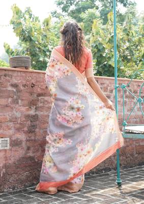 Grey printed cotton saree with blouse 2