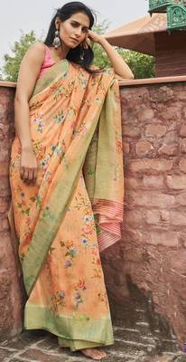 Light orange printed cotton saree with blouse 1