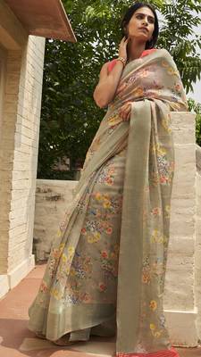 Beige printed cotton saree with blouse 1