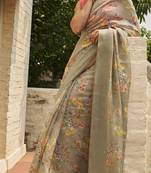 Beige printed cotton saree with blouse