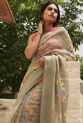 Beige printed cotton saree with blouse 2