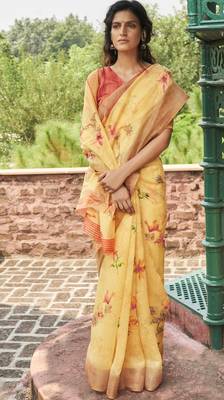 Yellow printed cotton saree with blouse 1