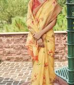 Yellow printed cotton saree with blouse