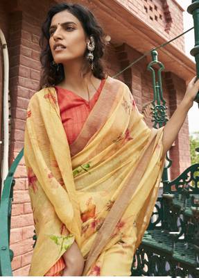 Yellow printed cotton saree with blouse 2