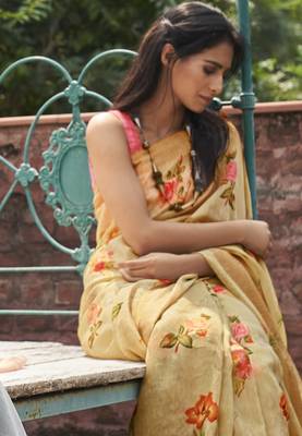 Yellow printed cotton saree with blouse 3