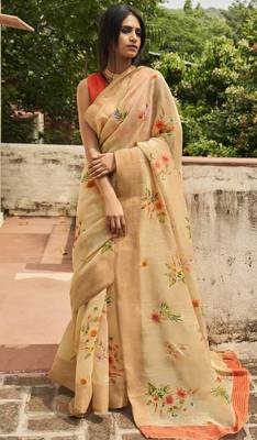 Beige printed cotton saree with blouse 1