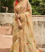 Beige printed cotton saree with blouse