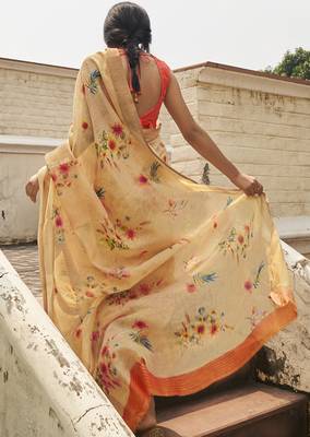 Beige printed cotton saree with blouse 2