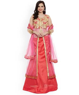 Pink Art Silk Embroidered With Long Jacket Semi Stitched Lehenga With Dupatta 1