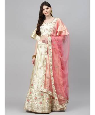 cream Semi-Stitched Lehenga Set with Zari & Resham Meenakari Floral Embroidery 1
