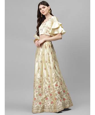 cream Semi-Stitched Lehenga Set with Zari & Resham Meenakari Floral Embroidery 2