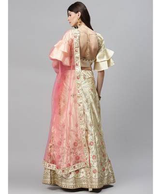 cream Semi-Stitched Lehenga Set with Zari & Resham Meenakari Floral Embroidery 3
