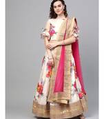 Cream Satin Silk Semi-stitched Digital Floral Print Lehenga Set with Heavy Zari Border