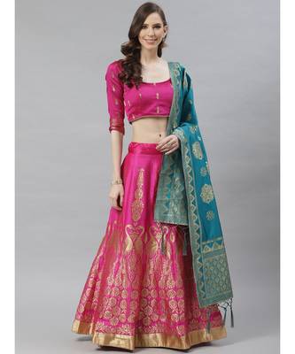 Ombre Semi Stitched Kalidar Banarasi Lehenga Choli With Zari Weaving & Peacock Motifs 1