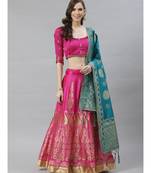 Ombre Semi Stitched Kalidar Banarasi Lehenga Choli With Zari Weaving & Peacock Motifs