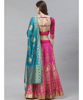 Ombre Semi Stitched Kalidar Banarasi Lehenga Choli With Zari Weaving & Peacock Motifs 2