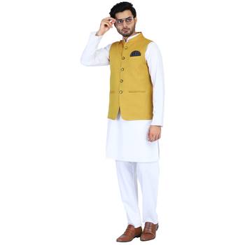 Yellow plain cotton nehru-jacket 4
