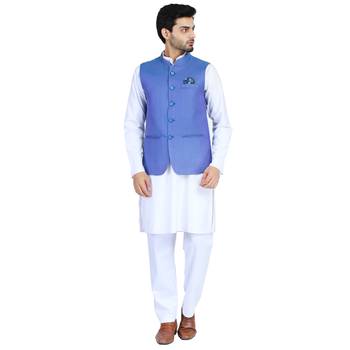 Blue plain cotton nehru-jacket 1